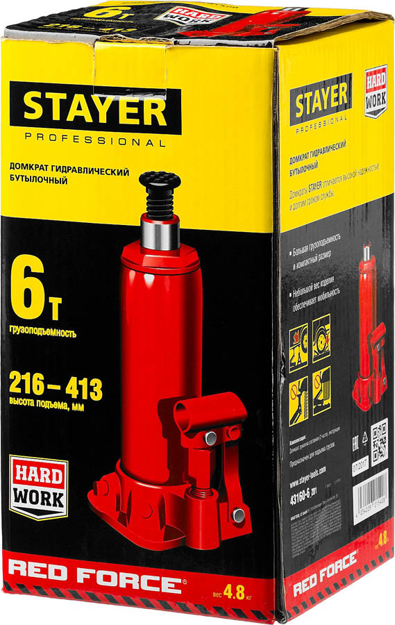 STAYER 6 т, 216-413 мм, домкрат бутылочный гидравлический RED FORCE 43160-6_z01 Professional купить по цене 2&nbsp;260 ₽ в интернет магазине ТЕХСАД