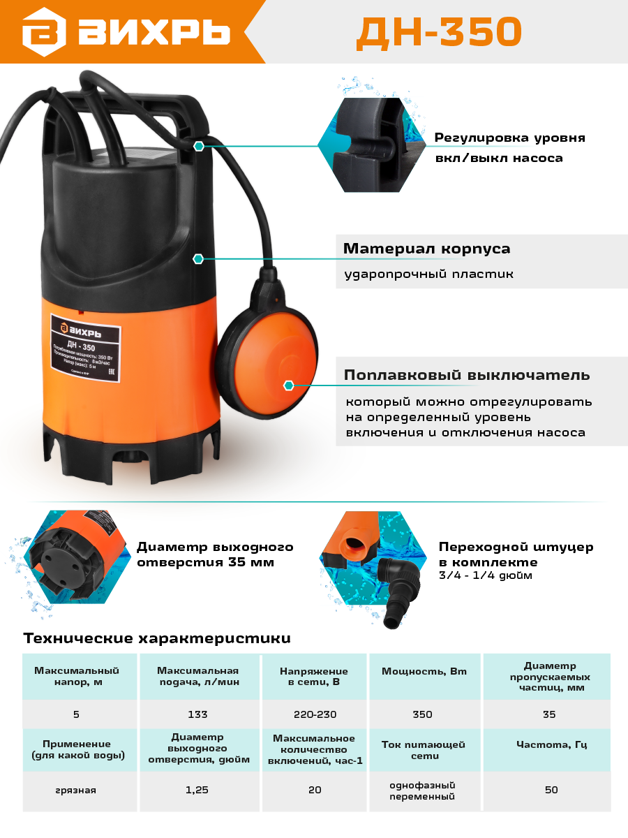 Дренажный насос ВИХРЬ ДН-350 купить по цене 3&nbsp;051 ₽ в интернет магазине ТЕХСАД