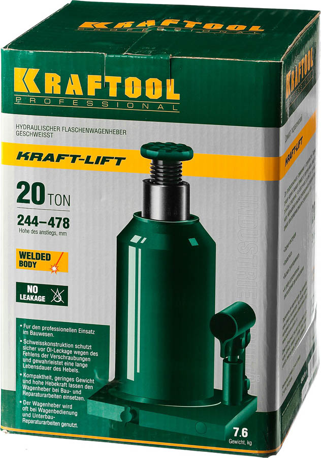 KRAFTOOL 20 т, 244-478 мм, домкрат гидравлический бутылочный сварной Kraft-Lift 43462-20_z01 купить по цене 6&nbsp;190 ₽ в интернет магазине ТЕХСАД