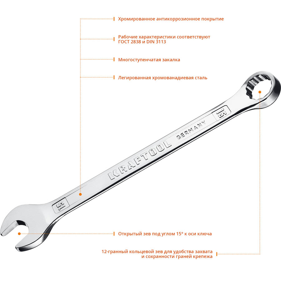 KRAFTOOL 15 мм, комбинированный гаечный ключ 27079-15_z01 купить по цене 304 ₽ в интернет магазине ТЕХСАД