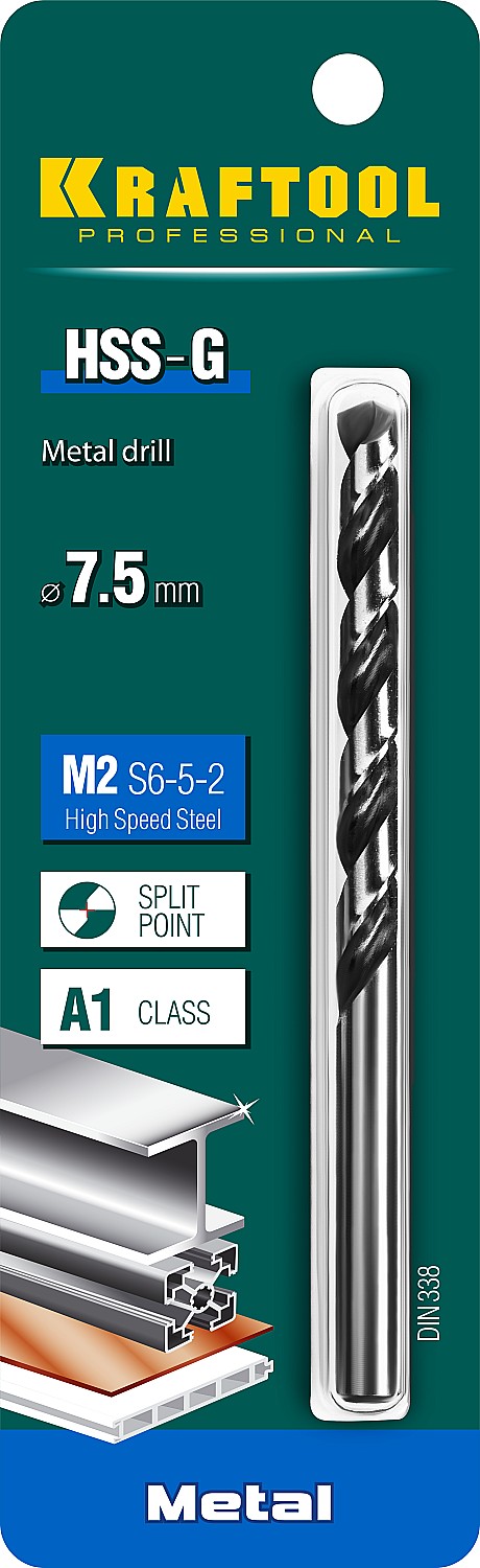 KRAFTOOL Ø 7.5 х 109 мм, HSS-G, сталь М2 (S6-5-2), класс A, сверло по металлу 29651-7.5 Pro купить по цене 360 ₽ в интернет магазине ТЕХСАД