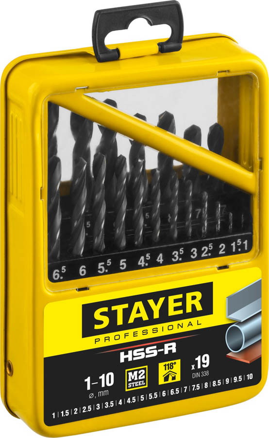 STAYER 19 шт. (Ø 1-10 мм), HSS-R, набор сверл спиральных по металлу 29602-H19-M_z01 купить по цене 2&nbsp;540 ₽ в интернет магазине ТЕХСАД