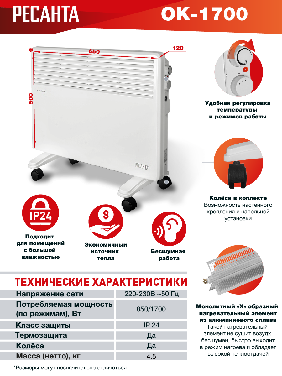 Конвектор РЕСАНТА ОК-1700 купить по цене 4&nbsp;590 ₽ в интернет магазине ТЕХСАД