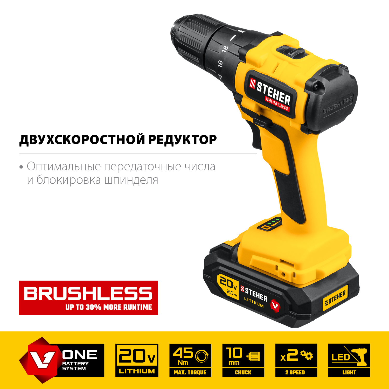 STEHER 20 В бесщёточная дрель-шуруповерт, 2 АКБ (2Ач), в кейсе CDB-200-2 купить по цене 10&nbsp;510 ₽ в интернет магазине ТЕХСАД