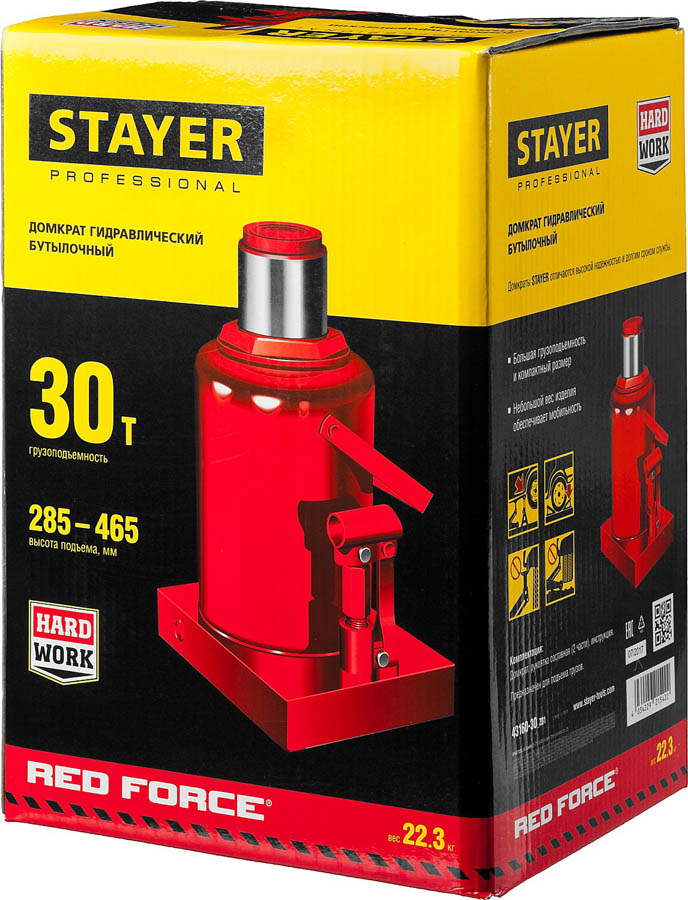 STAYER 30 т, 285-465 мм, домкрат бутылочный гидравлический RED FORCE 43160-30_z01 Professional купить по цене 10&nbsp;190 ₽ в интернет магазине ТЕХСАД