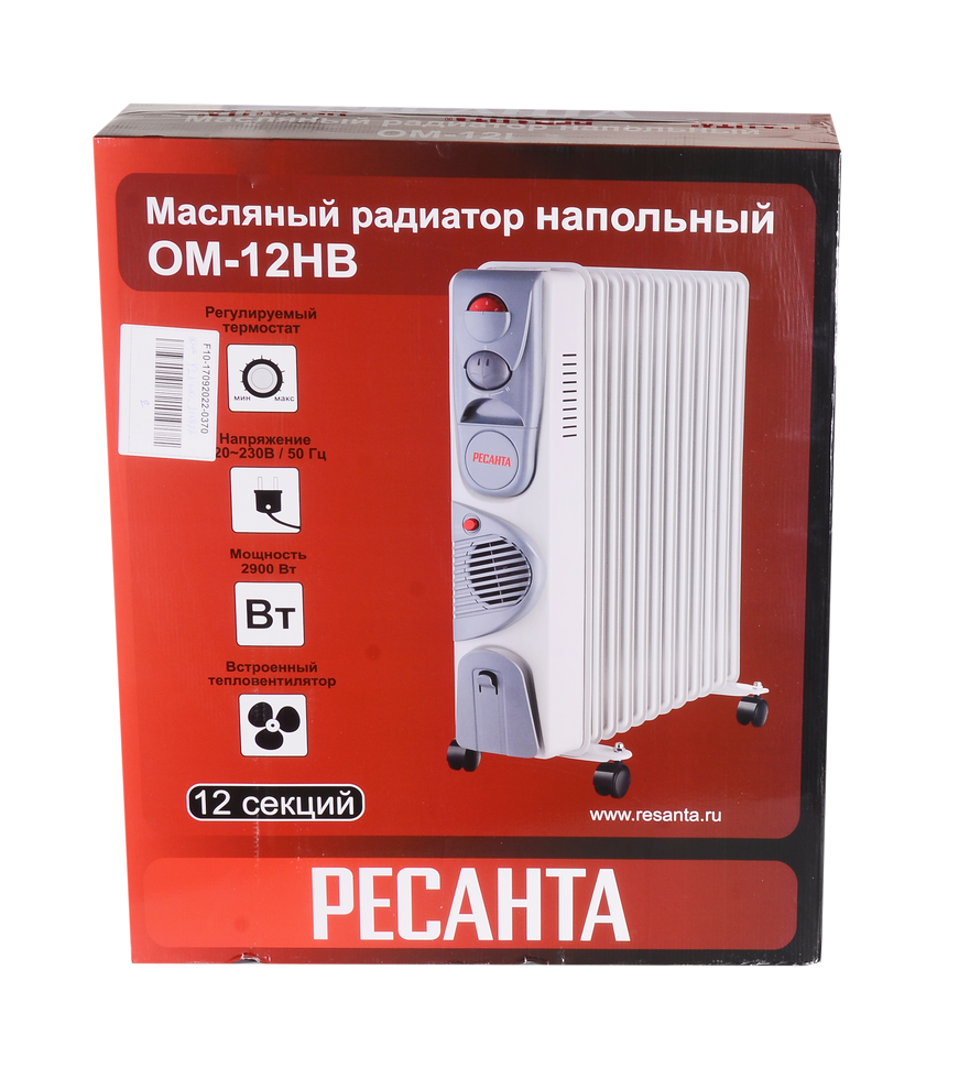 Масляный радиатор РЕСАНТА ОМ-12НВ с вентилятором купить по цене 7&nbsp;290 ₽ в интернет магазине ТЕХСАД