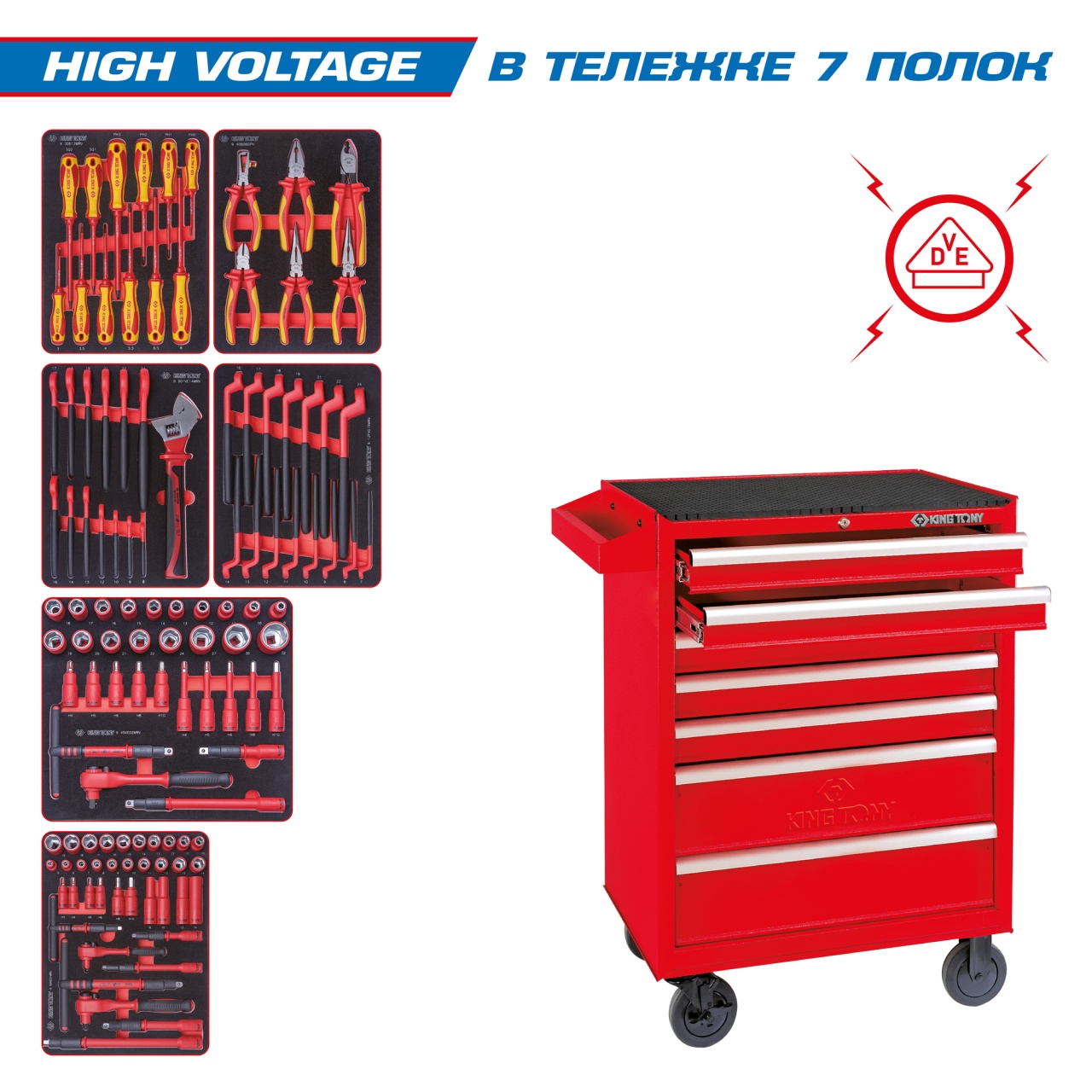 Набор инструментов ''HIGH VOLTAGE'' в красной тележке, 117 предметов KING TONY 934-117MRVE купить по цене 233&nbsp;300 ₽ в интернет магазине ТЕХСАД