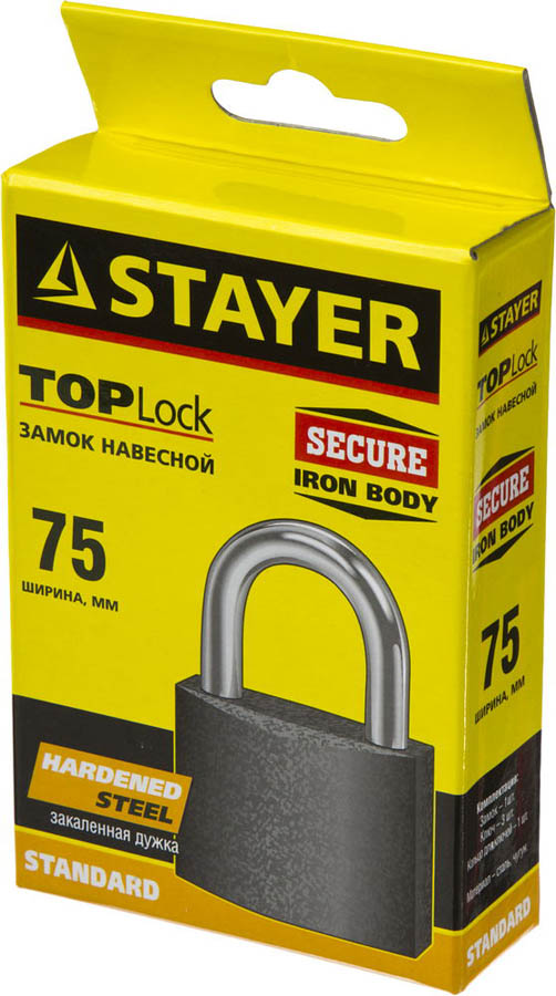 STAYER 75х58х26 мм, металлический корпус, закаленная дужка, замок навесной TOPLock 37160-75 купить по цене 730 ₽ в интернет магазине ТЕХСАД