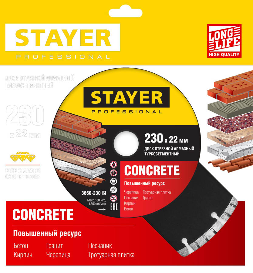 STAYER Ø 230Х22.2 мм, алмазный, турбо-сегментный, диск отрезной CONCRETE 3660-230_z02 Professional купить по цене 1&nbsp;090 ₽ в интернет магазине ТЕХСАД