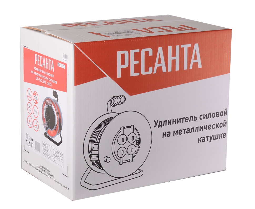 Удлинитель силовой на металлической катушке Ресанта СУ-3х2,5КГ-30/3 (с выкл., 4 розетки, IP44) купить по цене 6&nbsp;790 ₽ в интернет магазине ТЕХСАД