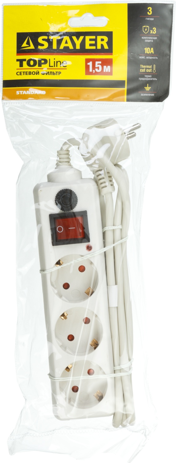 STAYER 1.5 м, 2500 Вт, 3 гнезда, фильтр сетевой 55065-1.5 купить по цене 636 ₽ в интернет магазине ТЕХСАД