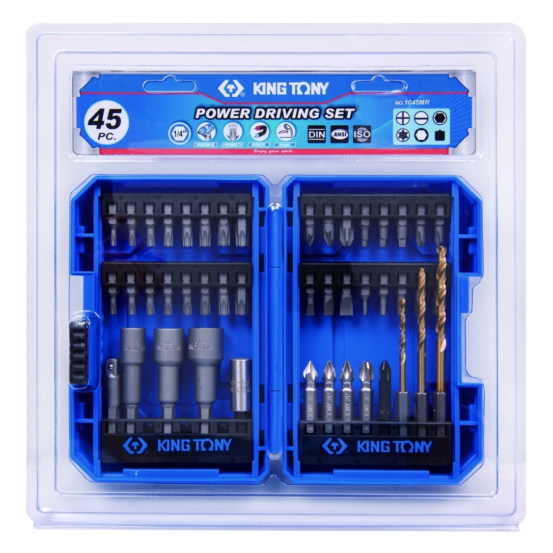 Набор вставок (бит) 1/4'', PH, PZ, Hex, Torx, Slotted, Square, сверла, 45 предметов KING TONY 1045MR купить по цене 3&nbsp;140 ₽ в интернет магазине ТЕХСАД