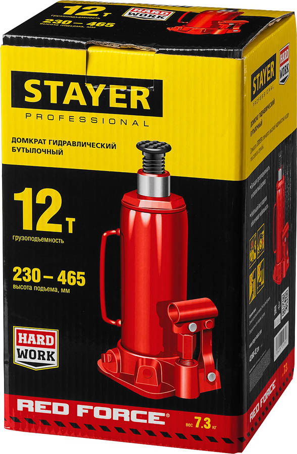 STAYER 12 т, 230-465 мм, домкрат бутылочный гидравлический RED FORCE 43160-12_z01 Professional купить по цене 3&nbsp;220 ₽ в интернет магазине ТЕХСАД