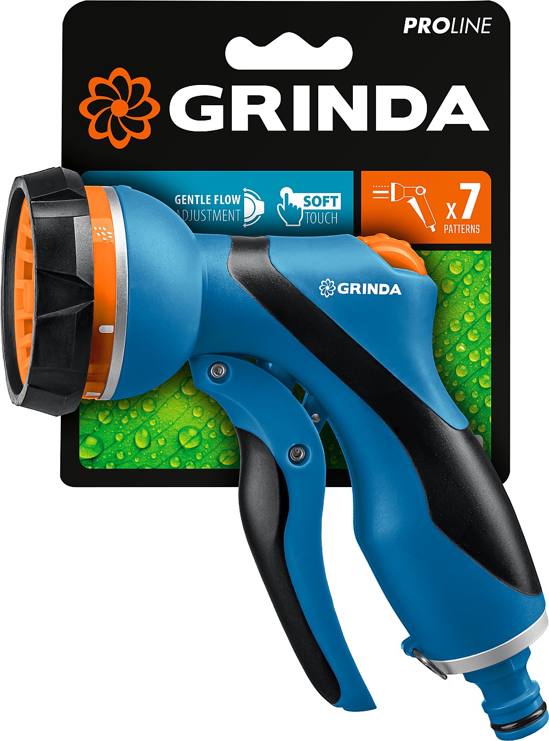 GRINDA 7 режимов, пистолет поливочный двухкомпонентный с регулятором напора PROLine F-7 429120 купить по цене 534 ₽ в интернет магазине ТЕХСАД