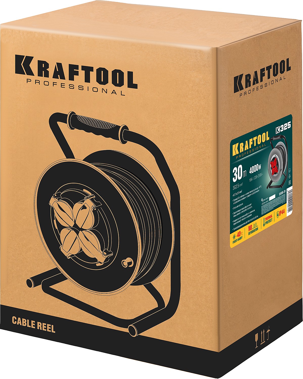 KRAFTOOL 30 м, 4000 Вт, 4 гнезда, IP44, КГ 3x2,5 кв мм, удлинитель на катушке 55086-30 купить по цене 13&nbsp;810 ₽ в интернет магазине ТЕХСАД