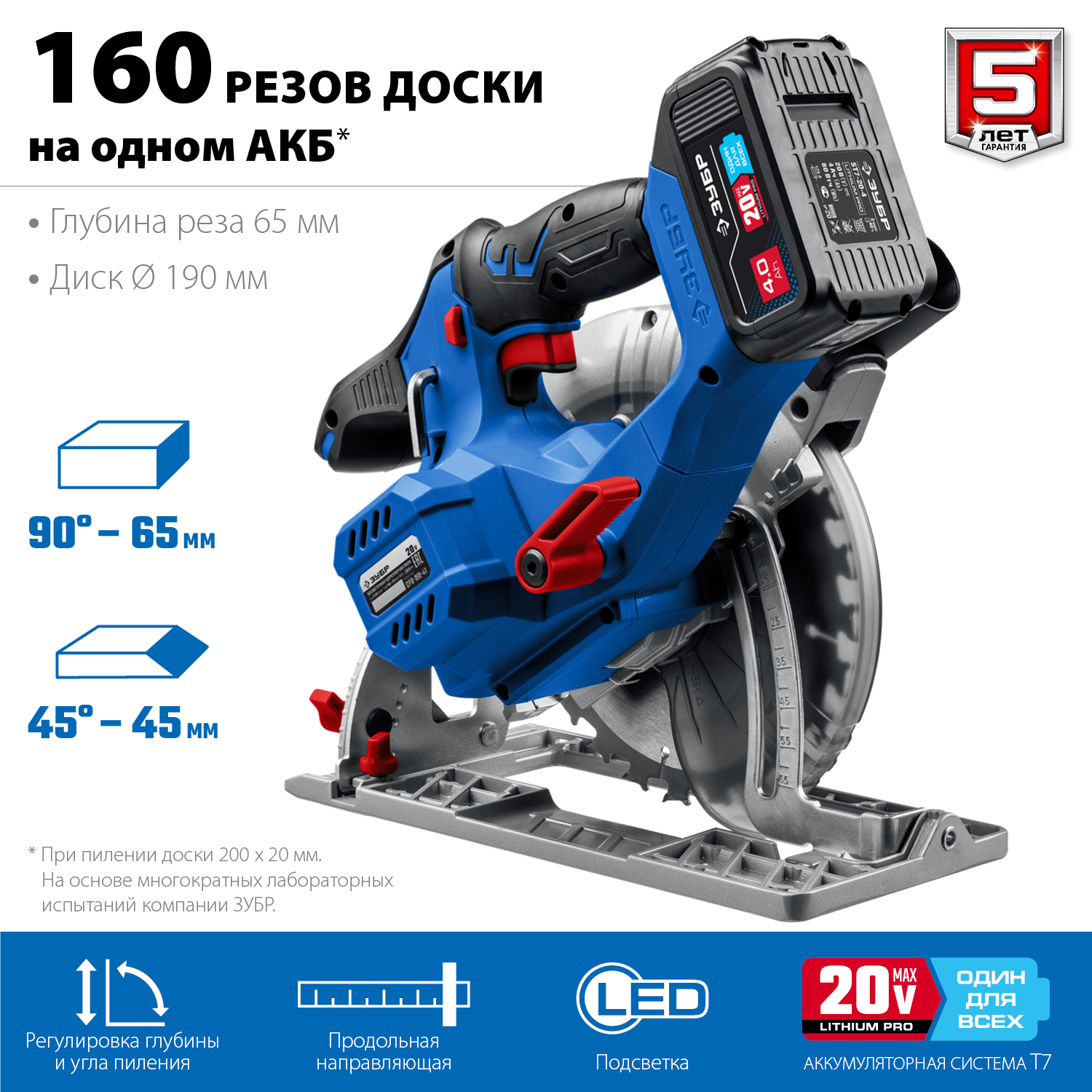 ЗУБР 20В, бесщеточная, 1 АКБ (4Ач), в сумке, пила циркулярная CPB-190-41 Профессионал купить по цене 21&nbsp;010 ₽ в интернет магазине ТЕХСАД