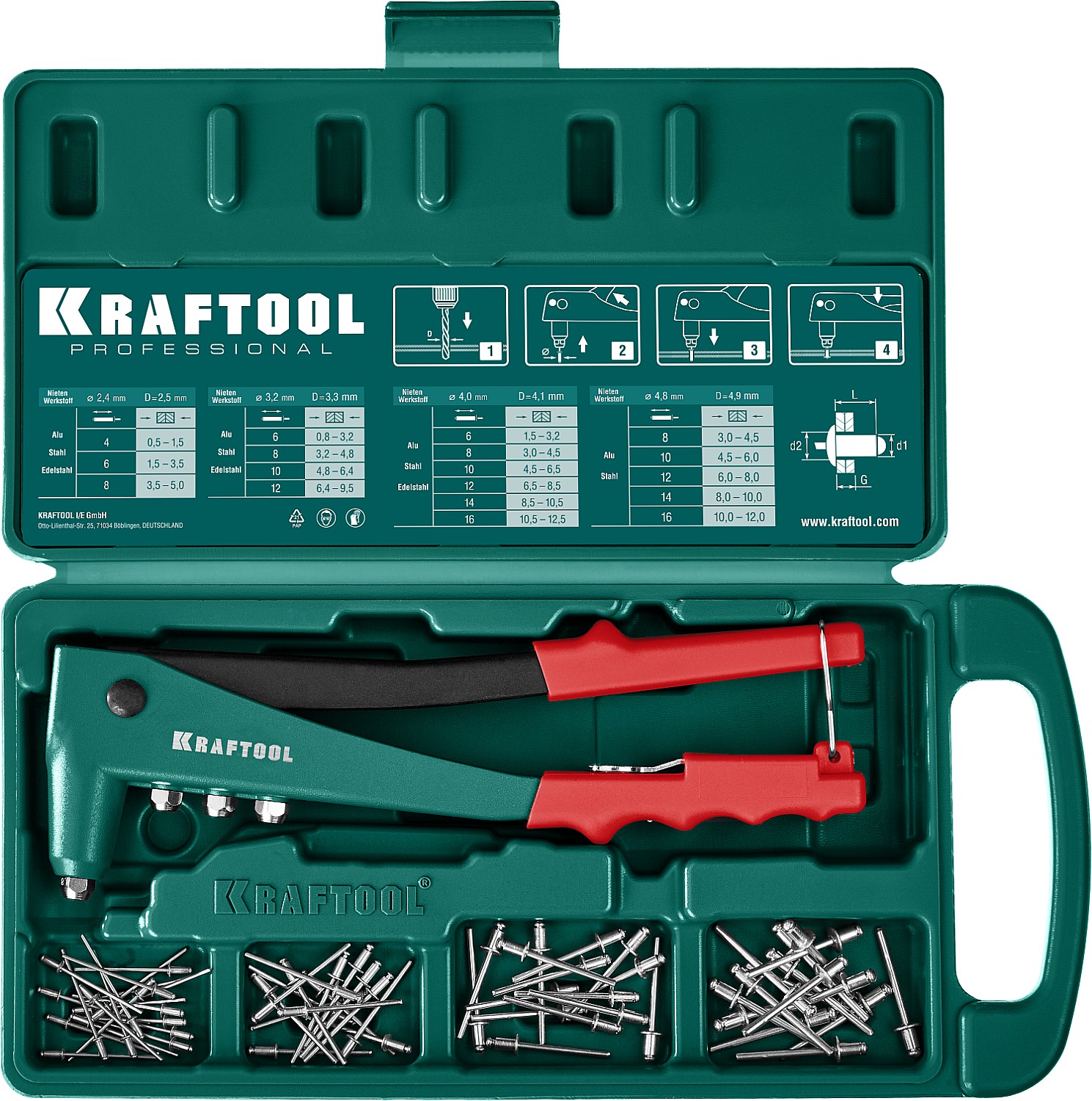 KRAFTOOL заклепки 2.4-4.8 мм - алюминий и сталь  2.4-4.0 мм - нерж. сталь, в кейсе, с набором заклепок 31170-H6_z01 купить по цене 2&nbsp;150 ₽ в интернет магазине ТЕХСАД