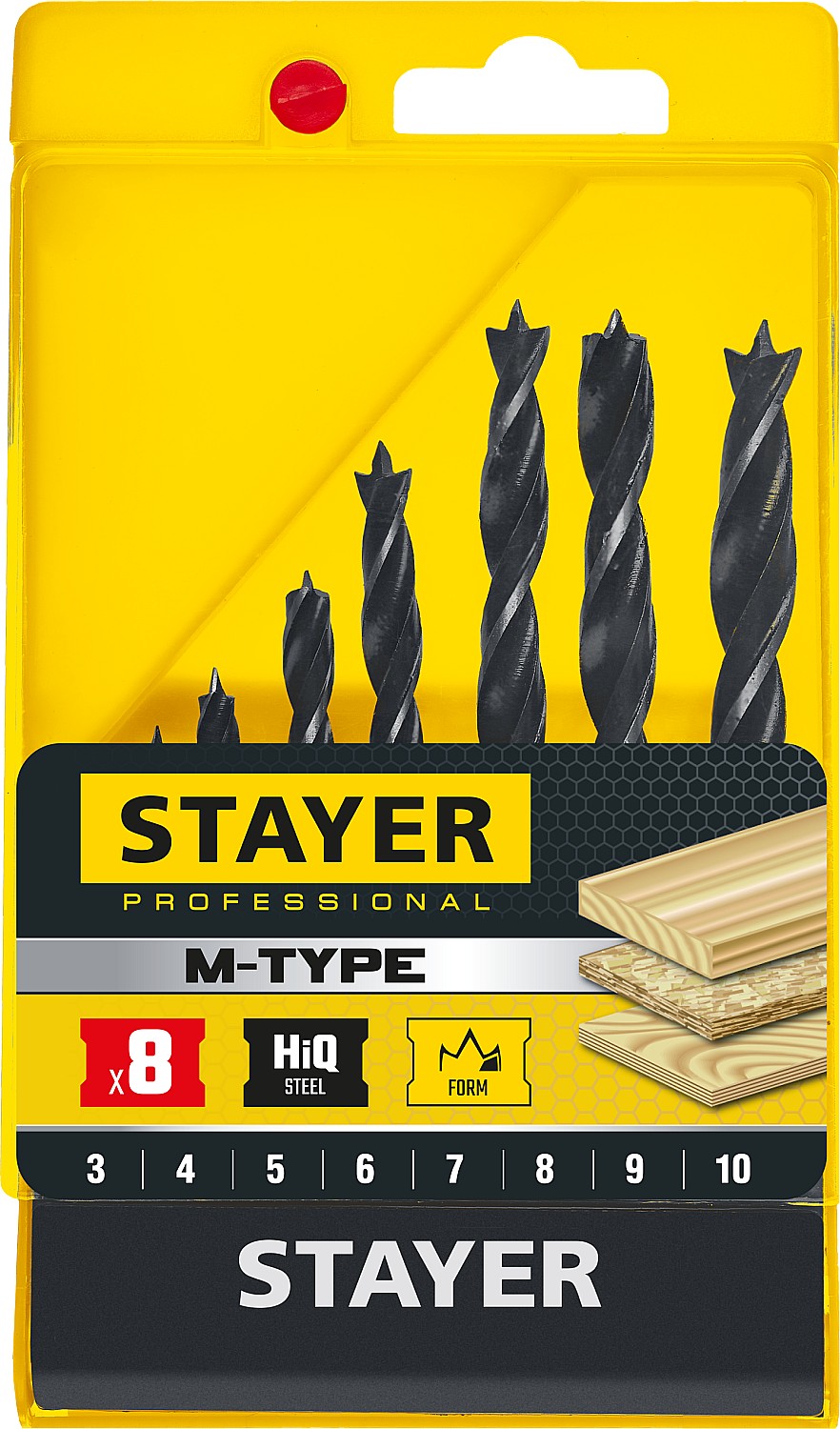 STAYER 8 шт., Ø 3-4-5-6-7-8-9-10 мм, набор спиральных сверл по дереву ''M-type'' 2942-H8_z02 Professional купить по цене 480 ₽ в интернет магазине ТЕХСАД