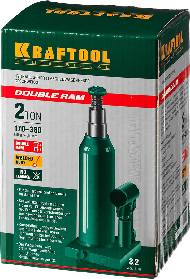 KRAFTOOL 2 т, 170-380 мм, домкрат гидравлический бутылочный сварной телескопический Double Ram 43463-2 купить по цене 3&nbsp;010 ₽ в интернет магазине ТЕХСАД