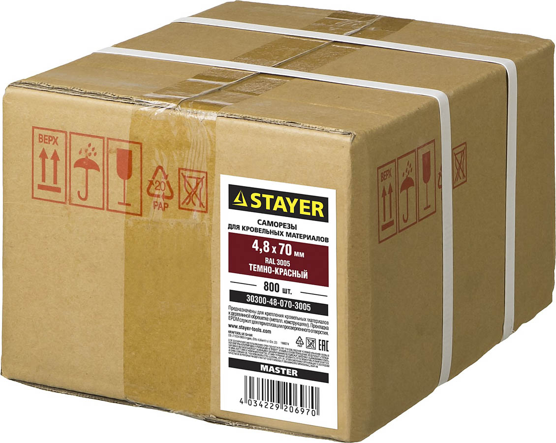 STAYER 70 х 4.8 мм, 800 шт., RAL 3005 темно-красный, саморезы СКД кровельные для деревянной обрешетки 30300-48-070-3005 Master купить по цене 2&nbsp;290 ₽ в интернет магазине ТЕХСАД