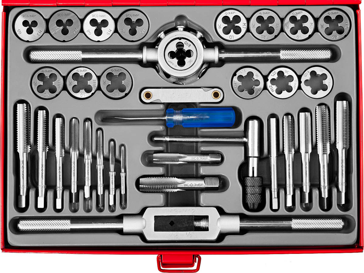 ЗУБР 35 предметов, 9ХС, набор метчиков и плашек 28117-H35_z01 купить по цене 7&nbsp;050 ₽ в интернет магазине ТЕХСАД