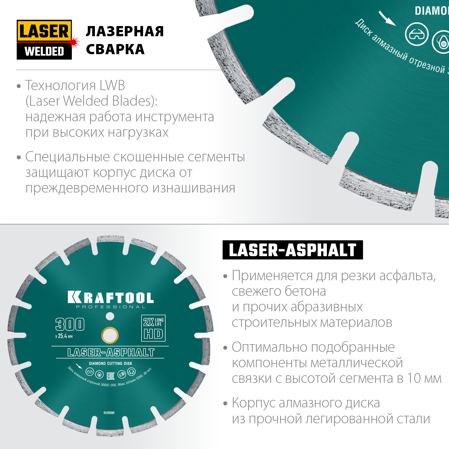 KRAFTOOL Ø 300Х25.4 мм, алмазный, сегментный, по асфальту, диск отрезной LASER-ASPHALT 36687-300 купить по цене 6&nbsp;510 ₽ в интернет магазине ТЕХСАД