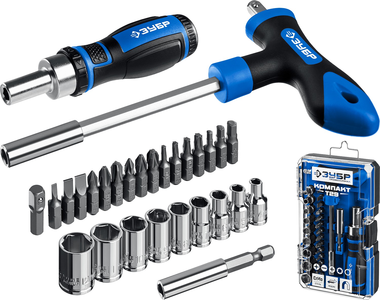 ЗУБР 29 шт., реверсивная и Т-образная отвертки в наборе Компакт-Т29 25168-H29_z01 Профессионал купить по цене 1&nbsp;830 ₽ в интернет магазине ТЕХСАД