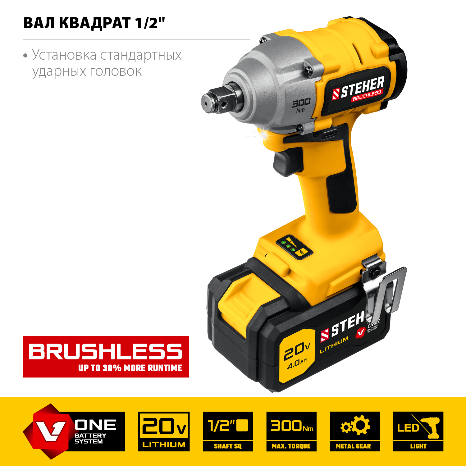 STEHER 20В, Li-Ion, 1 АКБ (4Ач), бесщеточный, аккумуляторный гайковерт ударный, кейс CWB-300-1 купить по цене 11&nbsp;690 ₽ в интернет магазине ТЕХСАД