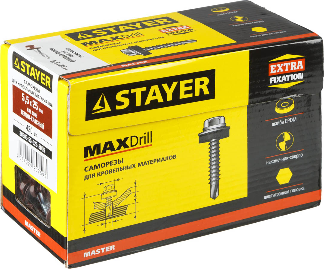 STAYER 25 x 5.5 мм, 420 шт., RAL 3005 темно-красный, саморезы СКМ кровельные для металлических конструкций 30305-55-025-3005 Master купить по цене 758 ₽ в интернет магазине ТЕХСАД