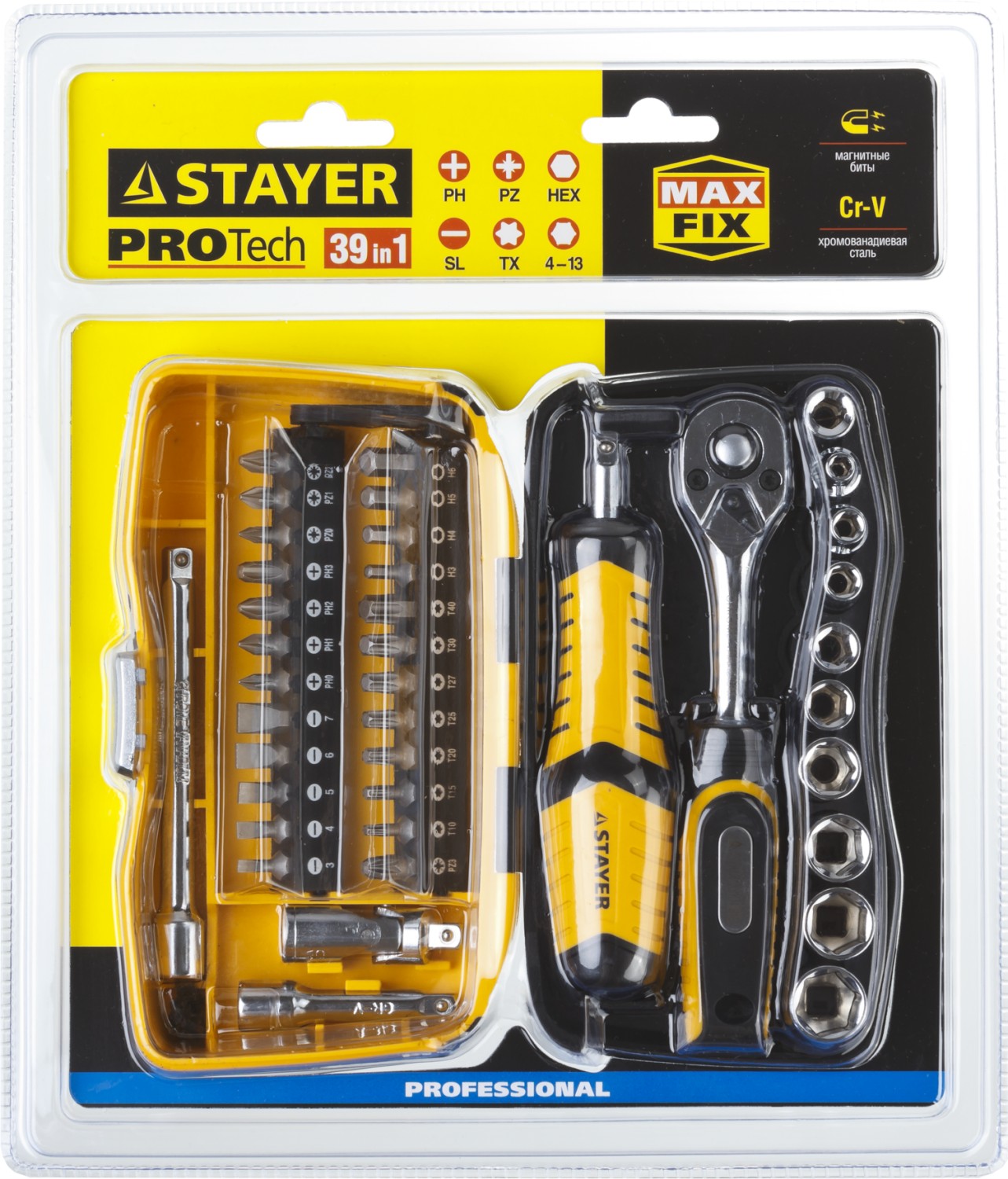 STAYER 39 шт., биты и торцовые головки с трещоткой и воротком 25135-H39 купить по цене 3&nbsp;200 ₽ в интернет магазине ТЕХСАД