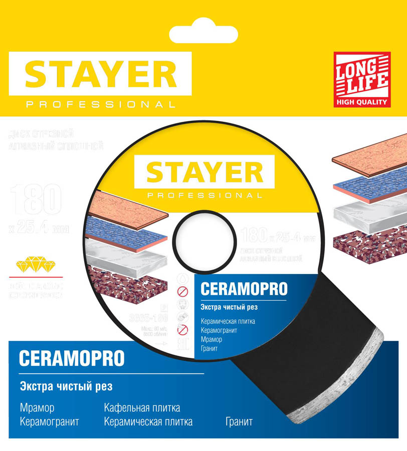 STAYER Ø 180Х25.4 мм, алмазный, cплошной, диск отрезной CERAMOPRO 3665-180_z02 Professional купить по цене 460 ₽ в интернет магазине ТЕХСАД