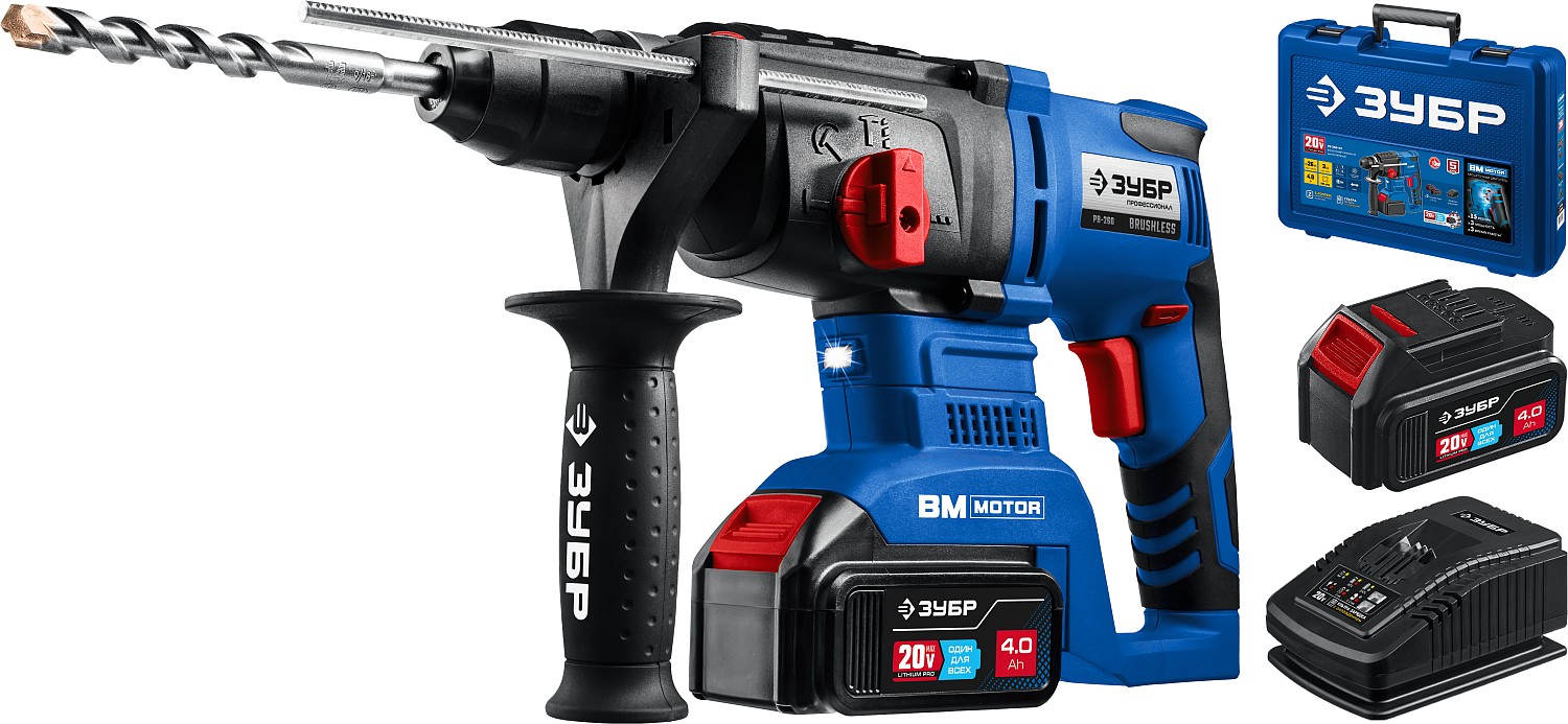 ЗУБР 20В бесщеточный, 2 АКБ (4Ач), в кейсе, перфоратор PB-260-42 Профессионал купить по цене 28&nbsp;010 ₽ в интернет магазине ТЕХСАД