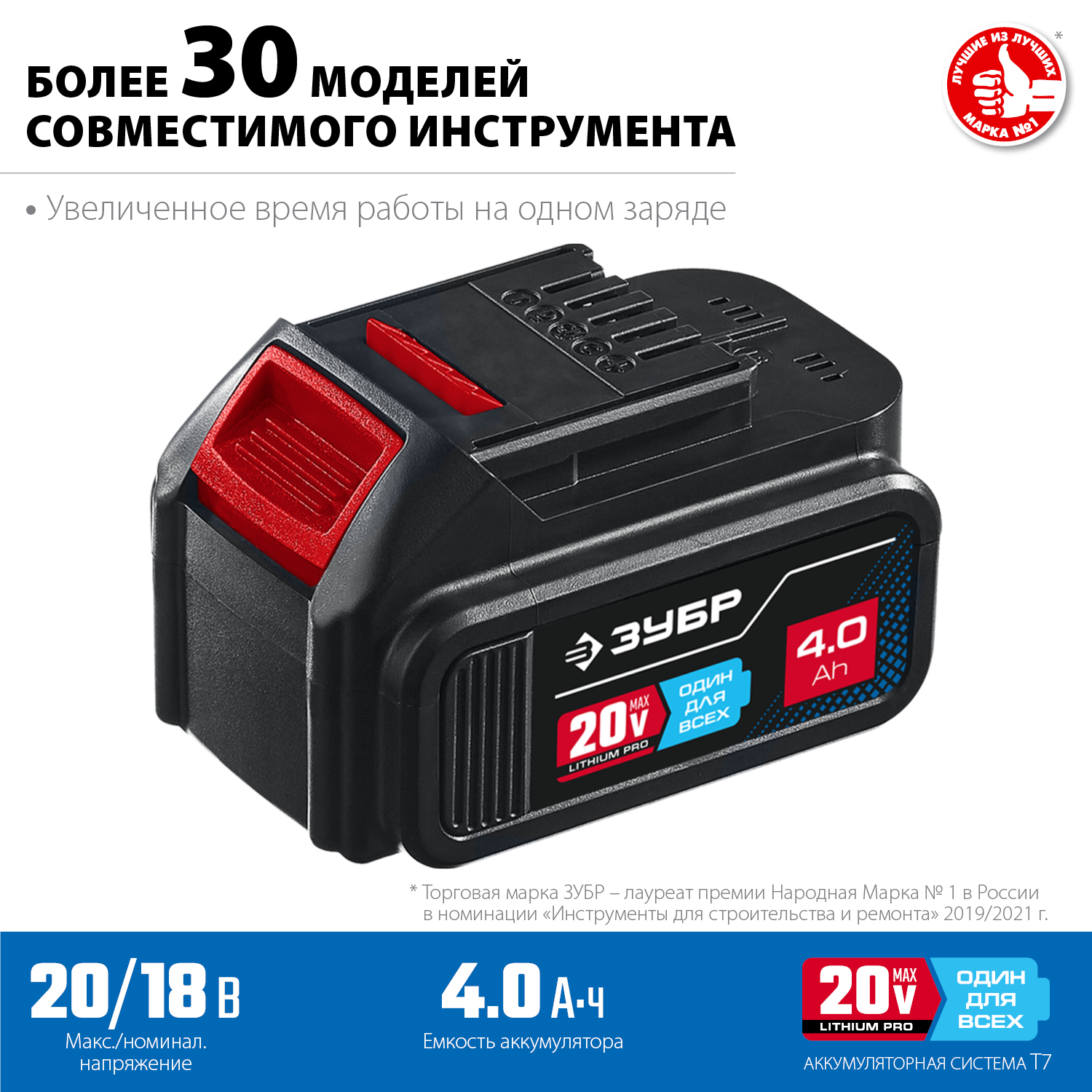 Аккумуляторная батарея Li-Ion, 20В, 4 Ач, тип T7 ЗУБР ST7-20-4 Профессионал купить по цене 6&nbsp;340 ₽ в интернет магазине ТЕХСАД