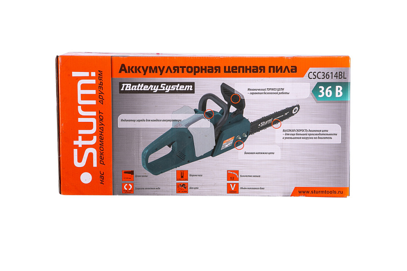 Аккумуляторная цепная пила Sturm! CSC3614BL 1BatterySystem купить по цене 12&nbsp;490 ₽ в интернет магазине ТЕХСАД