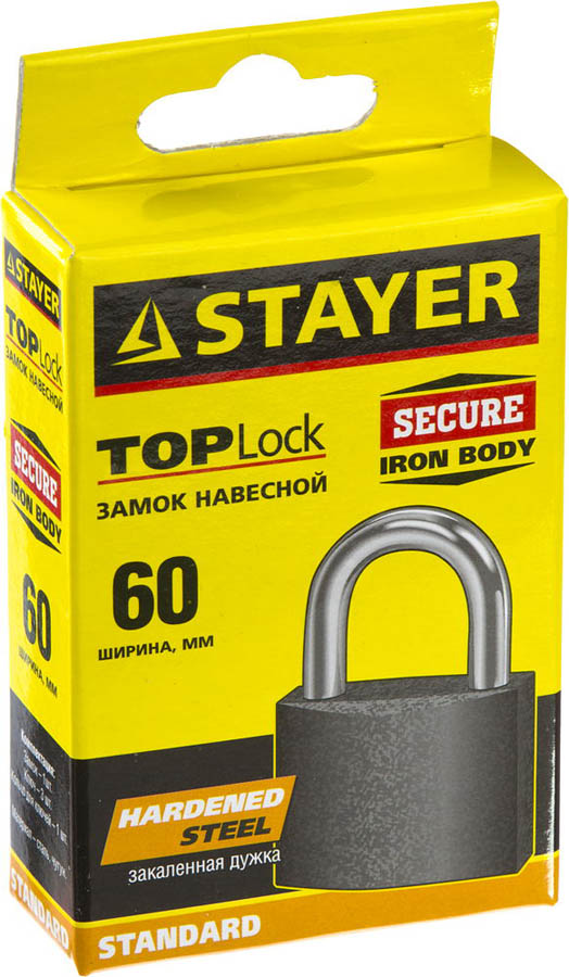 STAYER 60х50х25 мм, металлический корпус, закаленная дужка, замок навесной TOPLock 37160-60 купить по цене 560 ₽ в интернет магазине ТЕХСАД