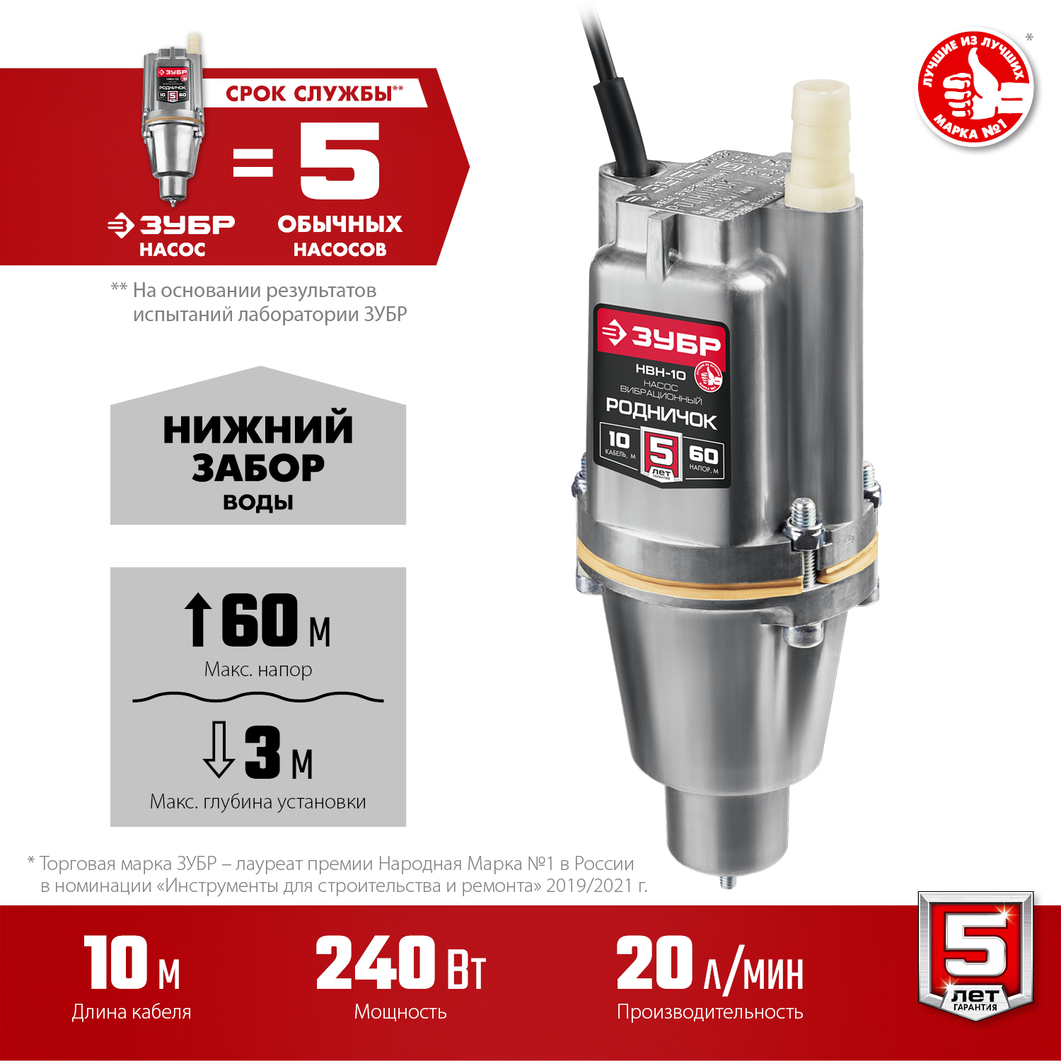 ЗУБР 10 м провод, с нижним забором воды, насос вибрационный Родничок-Н НВН-10 Мастер купить по цене 4&nbsp;760 ₽ в интернет магазине ТЕХСАД