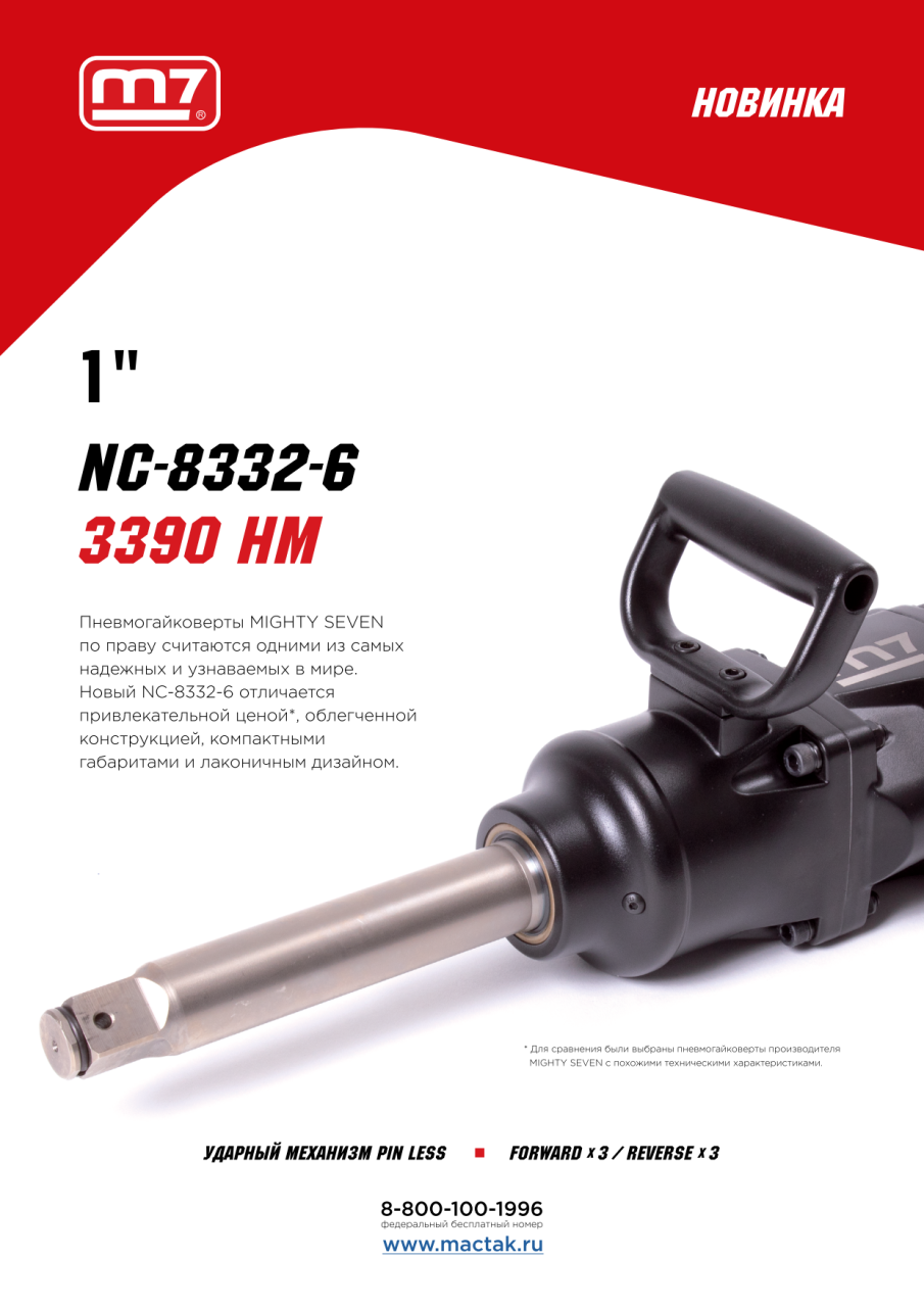 Гайковерт пневматический ударный 1'', 3390 Нм, удлиненный MIGHTY SEVEN NC-8332-6 купить по цене 62&nbsp;200 ₽ в интернет магазине ТЕХСАД