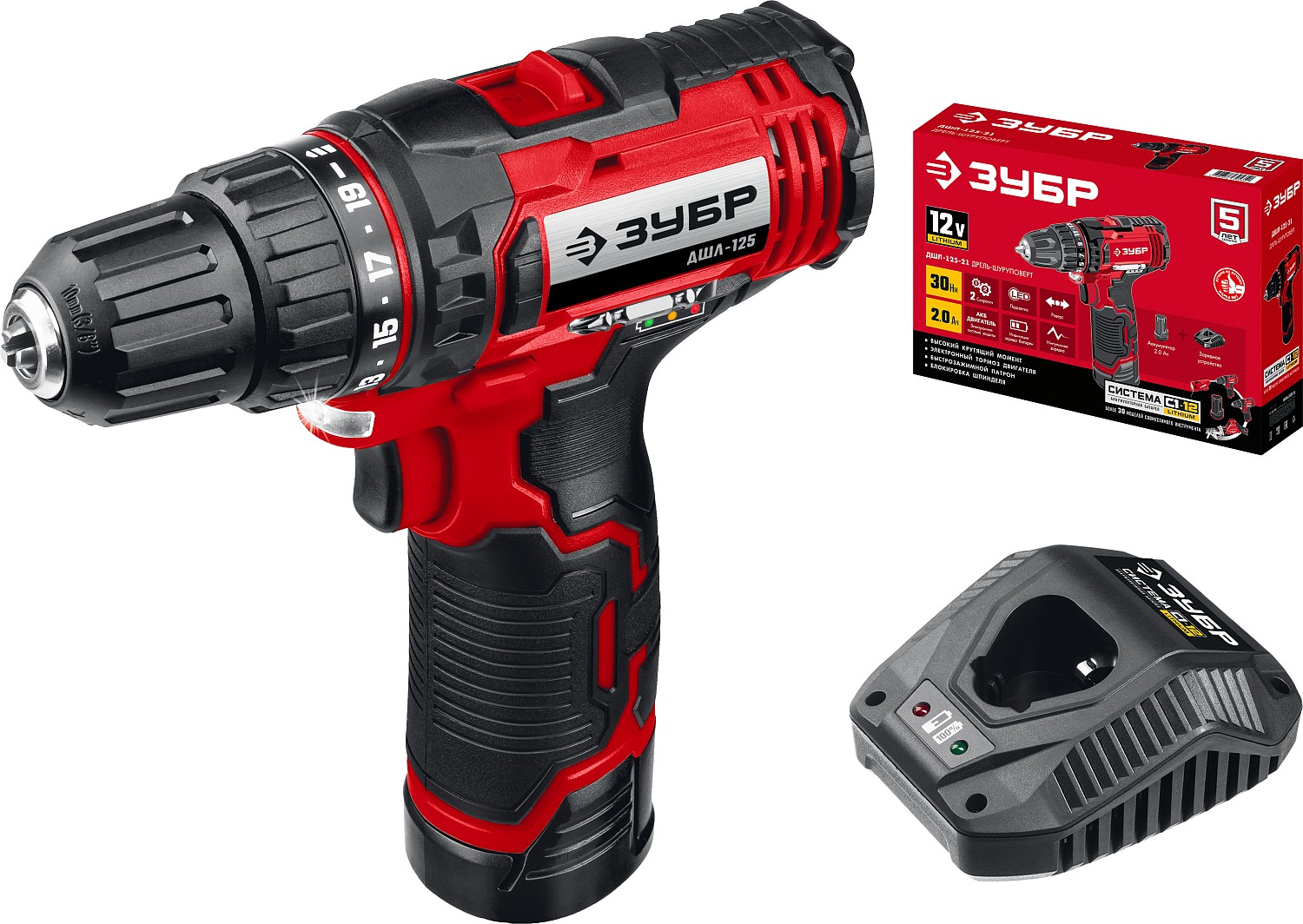 ЗУБР 12 В, 1 АКБ (2Ач), дрель-шуруповерт ДШЛ-125-21 Мастер купить по цене 4&nbsp;710 ₽ в интернет магазине ТЕХСАД