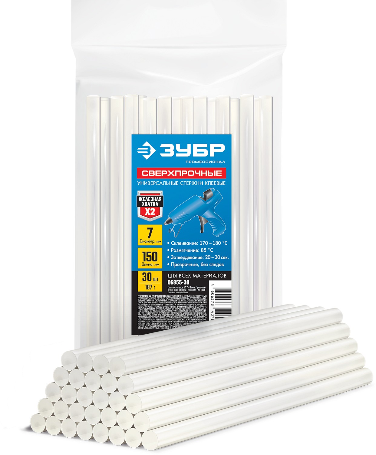 ЗУБР 30 шт., 250 г, 7х150 мм (7-8 мм), прозрачные, сверхпрочные клеевые стержни 06855-30 Профессионал купить по цене 410 ₽ в интернет магазине ТЕХСАД