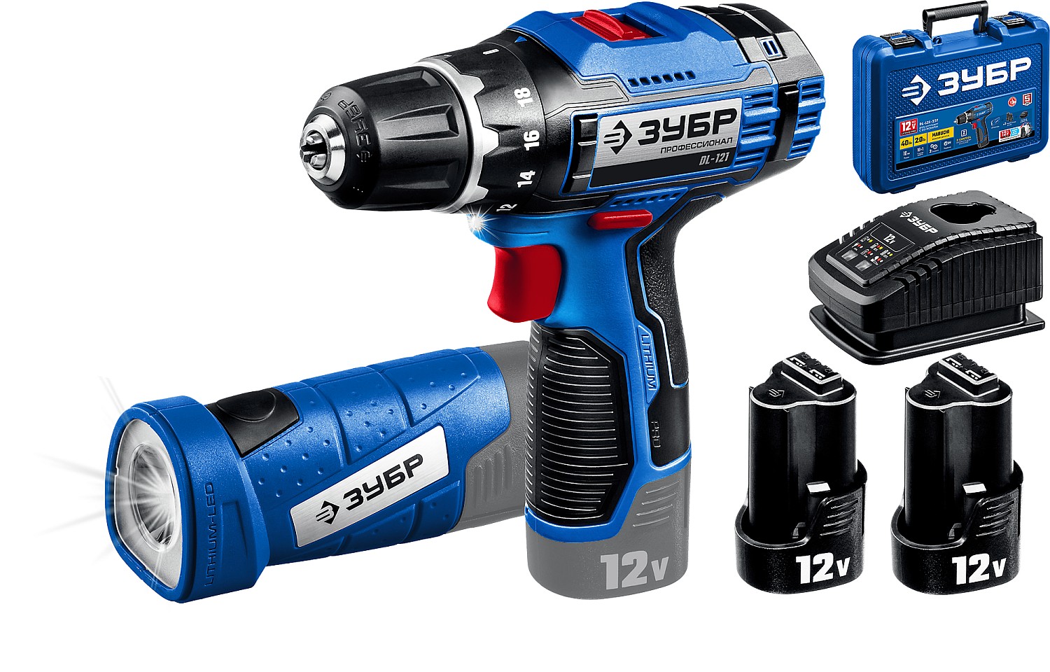 ЗУБР 12 В + LED фонарь, 2 АКБ (2Ач), в кейсе, дрель-шуруповерт DL-121-22F Профессионал купить по цене 9&nbsp;490 ₽ в интернет магазине ТЕХСАД