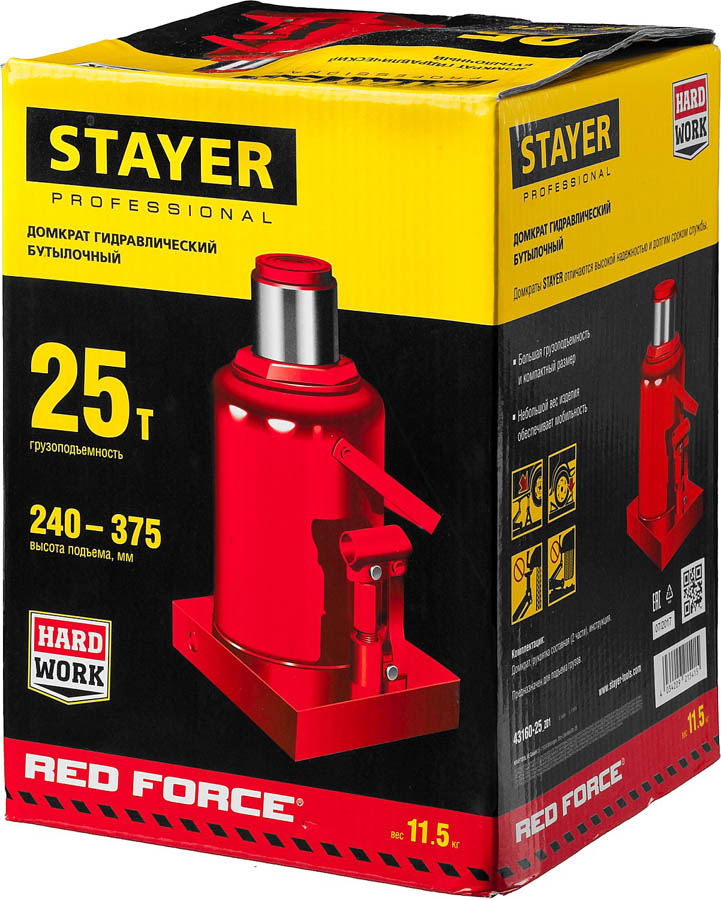 STAYER 25 т, 240-375 мм, домкрат бутылочный гидравлический RED FORCE 43160-25_z01 Professional купить по цене 6&nbsp;820 ₽ в интернет магазине ТЕХСАД