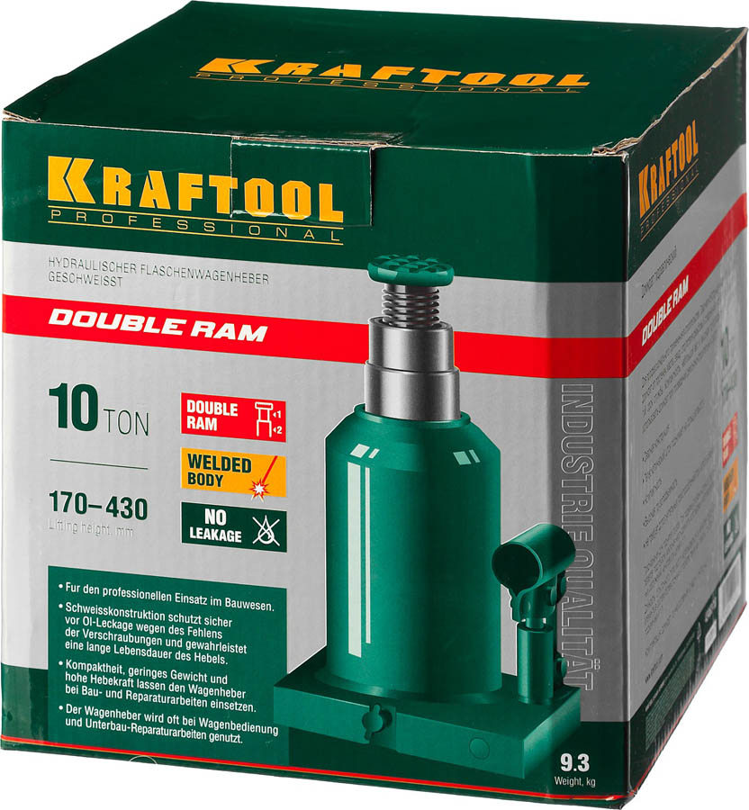 KRAFTOOL 10 т, 170-430 мм, домкрат гидравлический бутылочный сварной телескопический Double Ram 43463-10 купить по цене 10&nbsp;080 ₽ в интернет магазине ТЕХСАД