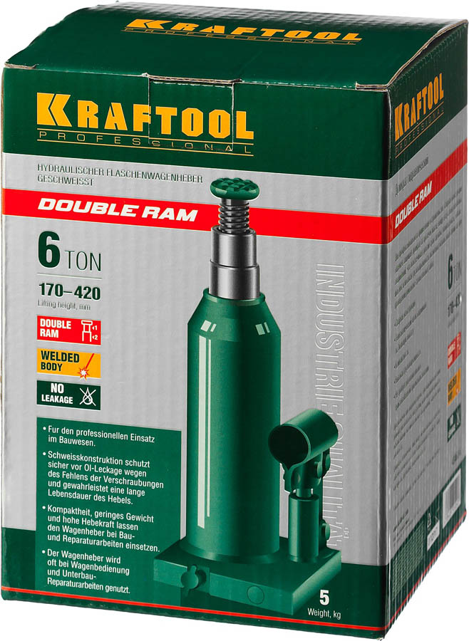 KRAFTOOL 6 т, 170-420 мм, домкрат гидравлический бутылочный сварной телескопический Double Ram 43463-6 купить по цене 4&nbsp;390 ₽ в интернет магазине ТЕХСАД
