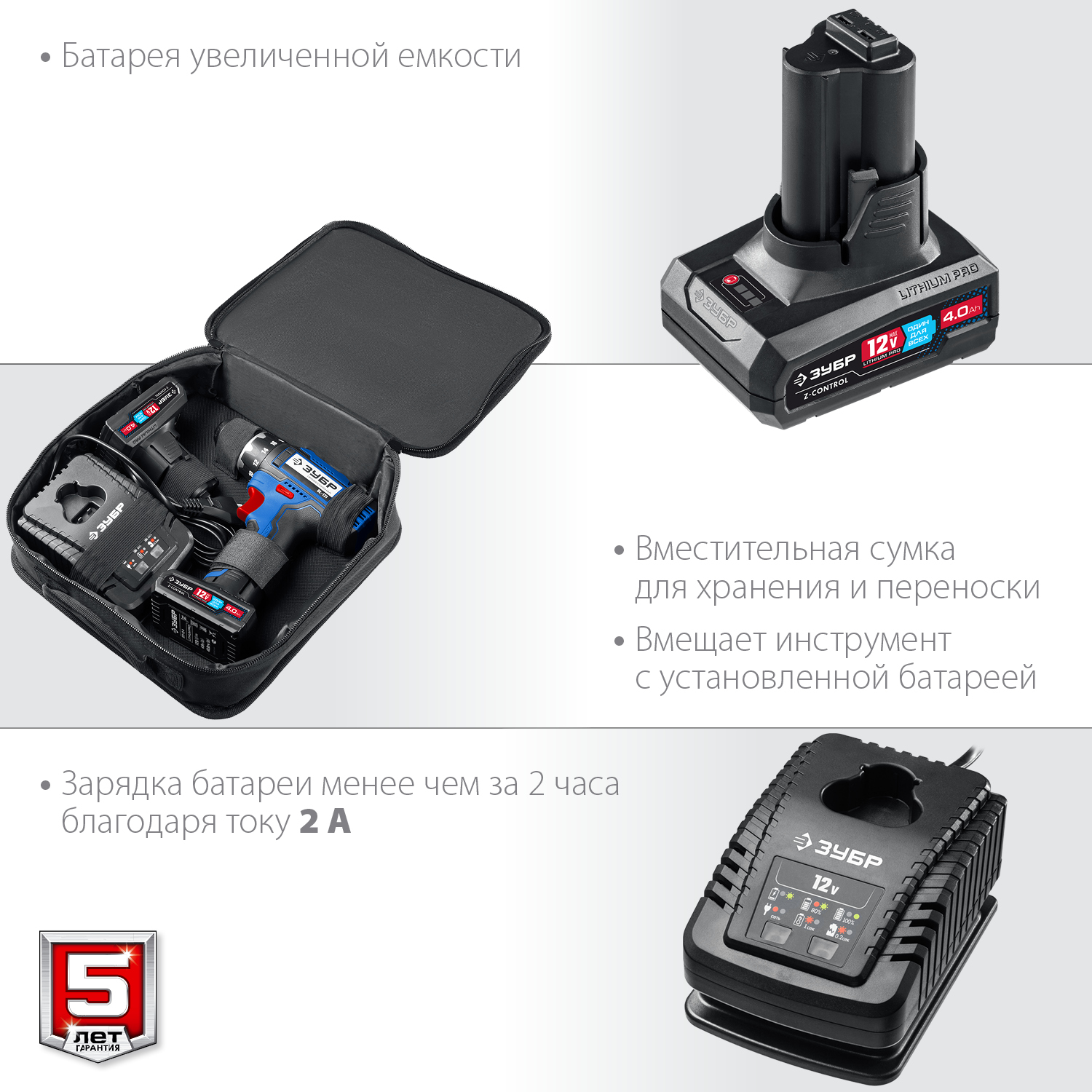 ЗУБР 12 В, 2 АКБ (4Ач), в сумке, дрель-шуруповерт DL-121-42 Профессионал купить по цене 11&nbsp;420 ₽ в интернет магазине ТЕХСАД