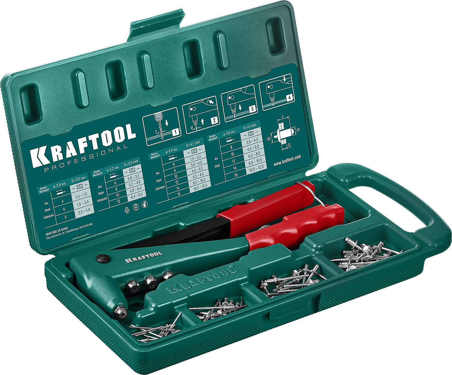 KRAFTOOL заклепки 2.4-4.8 мм - алюминий и сталь  2.4-4.0 мм - нерж. сталь, в кейсе, с набором заклепок 31170-H6_z01 купить по цене 2&nbsp;150 ₽ в интернет магазине ТЕХСАД