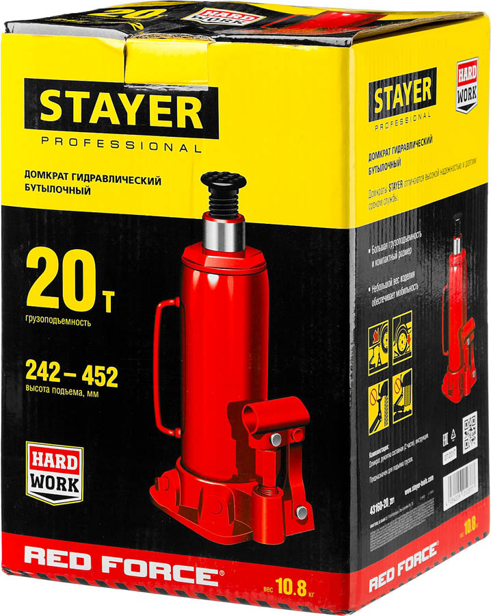 STAYER 20 т, 242-452 мм, домкрат бутылочный гидравлический RED FORCE 43160-20_z01 Professional купить по цене 5&nbsp;030 ₽ в интернет магазине ТЕХСАД