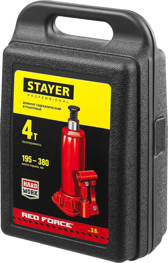STAYER 4 т, 195-380 мм, домкрат бутылочный гидравлический в кейсе RED FORCE 43160-4-K_z01 Professional купить по цене 2&nbsp;260 ₽ в интернет магазине ТЕХСАД