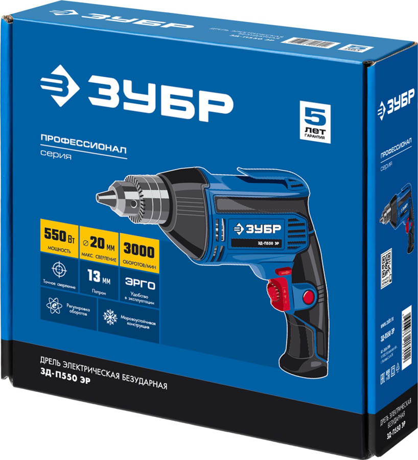 ЗУБР 550 Вт, дрель безударная реверсивная ЗД-П550 ЭР Профессионал купить по цене 4&nbsp;060 ₽ в интернет магазине ТЕХСАД