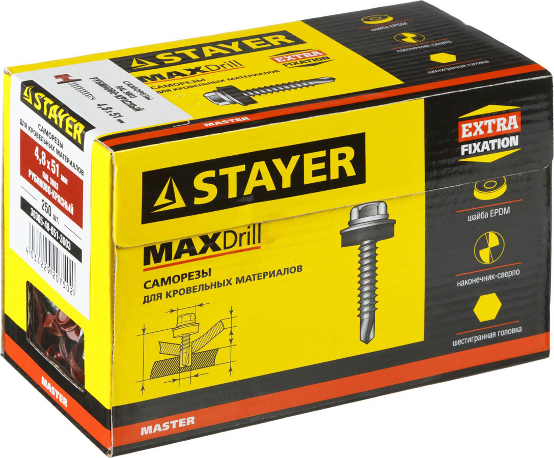STAYER 51 х 4.8 мм, 250 шт., RAL 3003 рубиново-красный, саморезы СКД кровельные для деревянной обрешетки 30305-48-051-3003 Master купить по цене 525 ₽ в интернет магазине ТЕХСАД