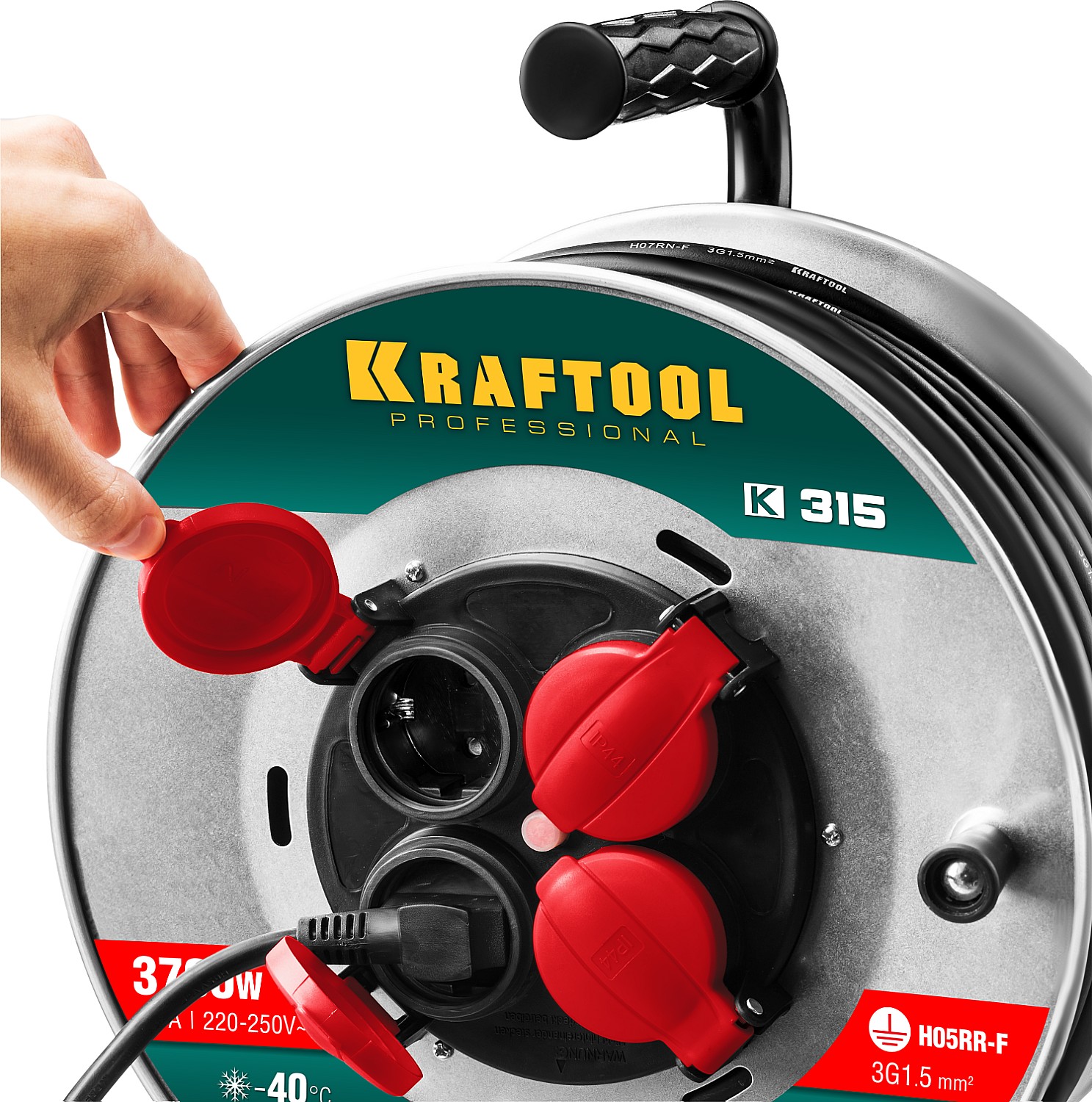 KRAFTOOL 30 м, 3700 Вт, 4 гнезда, IP44, КГ 3x1,5 кв мм, удлинитель на катушке 55085-30_z01 купить по цене 8&nbsp;970 ₽ в интернет магазине ТЕХСАД